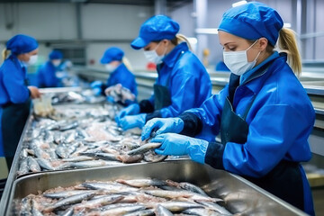 Wall Mural - Fish processing plant. Production Line. People sort the fish moving along the conveyor. Sorting and preparation of fish. Production of canned fish. modern food industry.