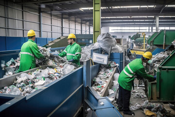 Waste sorting plant. Many different conveyors and bunkers. Workers sort the garbage on the conveyor. Waste disposal and recycling. Waste recycling plant.