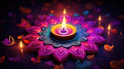 Wall Mural - Colorful Rangoli Indian art flower with candle light flame in Diwali festival background