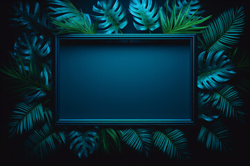 neon frame with tropical leaves on a dark background with copy space