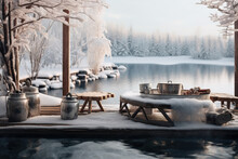 A Serene Outdoor Winter Spa Setting With Wooden Tubs Filled With Steaming Water, Overlooking A Frozen Lake