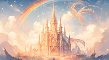 Fantasy Castle On A Background Of The Sky With Clouds And Rainbow, Anime Background