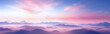 Pink and blue sky with mountains in the background. In the style of hazy romanticism