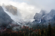 Fog And Clouds Hover Over Yosemite Valley As Seen From Tunnel View.