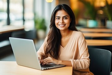 Portait of Asian business woman smile with computer laptop. Generative AI