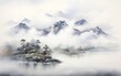 misty hill a fluffy cloud chinese painting illustration