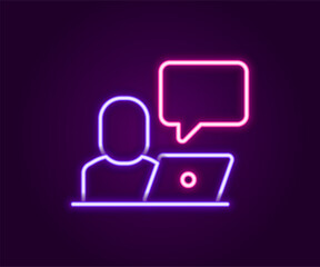 Poster - Glowing neon line Freelancer icon isolated on black background. Freelancer man working on laptop at his house. Online working, distant job concept. Colorful outline concept. Vector