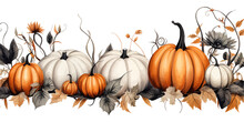 Halloween Seamless Border With Pumpkins Black Flowers. Vector  Design.