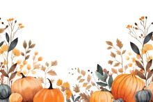 Autumn Panorama And Pumpkins Colorful Watercolor Frame. Autumn. Vector  Design.