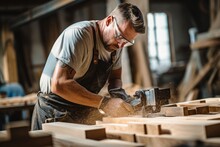 Portrait of a carpenter working with wood in a workshop. Caucasian man employee in the carpentry factory. Strong man busy in an industrial workshop on a sunny summer day. .