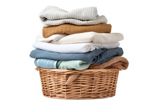 Stack of clean clothes and Wicker basket with clean laundry isolated on a white background PNG