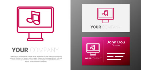 Poster - Logotype line Computer with music note symbol on screen icon isolated on white background. Logo design template element. Vector