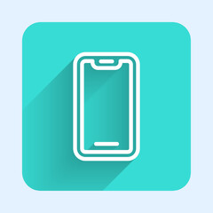 Poster - White line Smartphone, mobile phone icon isolated with long shadow background. Green square button. Vector