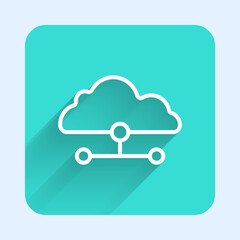 Poster - White line Network cloud connection icon isolated with long shadow background. Social technology. Cloud computing concept. Green square button. Vector
