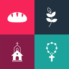 Canvas Print - Set pop art Rosary beads religion, Church building, Willow leaf and Christian bread icon. Vector