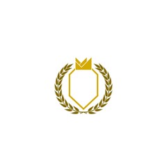 Sticker - Crown, Shield and laurel wreath logo icon isolated on white background. Golden shield with crown 