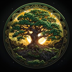 Wall Mural - A painting of a tree with a moon in the background. AI image.