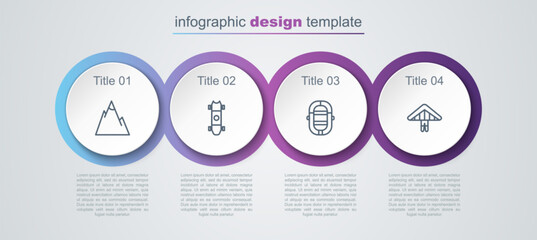 Sticker - Set line Mountains, Longboard or skateboard, Rafting boat and Hang glider. Business infographic template. Vector