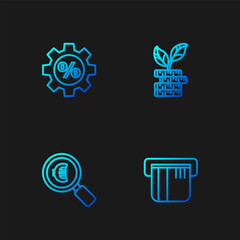 Poster - Set line Credit card, Magnifying glass and euro, Gear with percent and Dollar plant. Gradient color icons. Vector