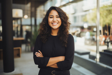 Wall Mural - Attractive hispanic businesswoman CEO confident and staning front of modern office