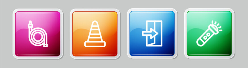 Poster - Set line Fire hose reel, Traffic cone, exit and Flashlight. Colorful square button. Vector