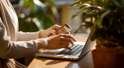 Wall Mural - Businesswoman in the office studying business newsletters using a laptop. Generative Ai