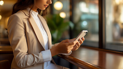 Wall Mural - Business woman in the office checking text messages from her business partners and clients. Generative Ai