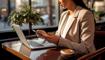 Wall Mural - Businesswoman in the office studying a newsletter using a mobile phone. Generative Ai