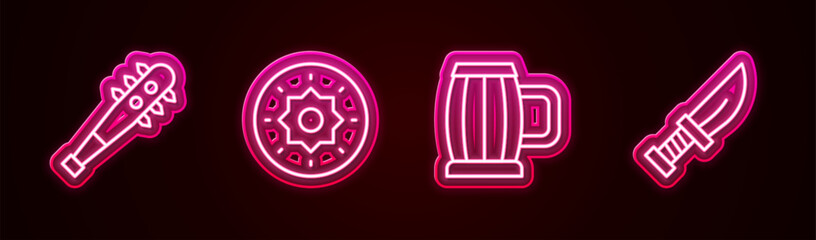 Poster - Set line Mace with spikes, Shield viking, Wooden beer mug and Dagger. Glowing neon icon. Vector