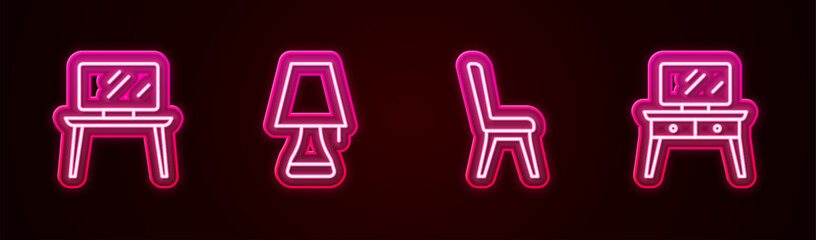 Poster - Set line TV table stand, Table lamp, Chair and Dressing. Glowing neon icon. Vector