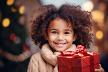 African girl smile shaking christmas present, happy child gets gift