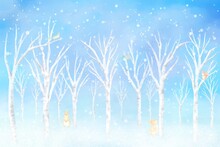 雪降る冬の森に小さな動物達が現れたイラスト。水彩イラストを使用した可愛らしい背景素材。