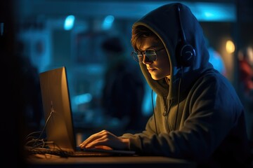 Programmer wearing a hoodie sitting working on their computer, AI generated