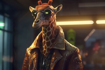 Wall Mural - Giraffe animal cyberpunk glasses. Generate Ai