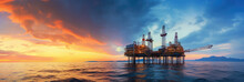 Panorama View Of Offshore Oil And Gas Processing Platform In Sunset Time, Concept Of Exploration And Petroleum Production Industry In The Sea.