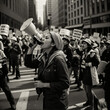 a woman shouting through megaphone on a workers environmental protest in a crowd in a big city. black and white documentary photo. Generative AI