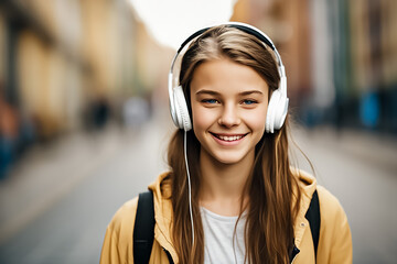 a closeup photo portrait of beautiful white teenage girl walking and listening to music with over-ear headphones. blurry bus station in the city in the background. Generative AI