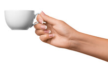 A Woman's Hand Holds A White Cup. On Isolated Transparent Background
