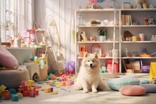 Small Cute Little Dog Sitting In Childrens Room Full Of Toys. Sunlight Summer Scene With Pet Alone At Home.