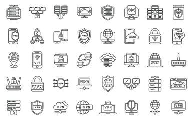 Poster - vpn icons set outline vector. shield data. key private