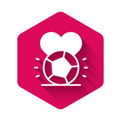 Wall Mural - White Soccer football ball icon isolated with long shadow background. Sport equipment. Pink hexagon button. Vector