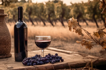 Bottle and glass of red wine, on a wooden table, with the rural countryside in the background. Generative AI.