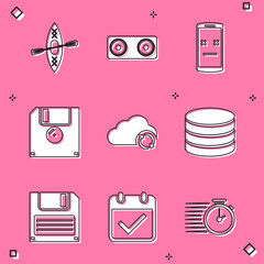 Canvas Print - Set Kayak and paddle, Stereo speaker, Dead mobile, Floppy disk, Cloud sync refresh and Database icon. Vector