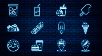 Poster - Set line Location with hotdog, Ice cream in waffle cone, Soda drink donut, Hotdog sandwich, Taco tortilla, Glass water, and can drinking straw icon. Vector