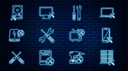 Sticker - Set line Database server service, Smartphone, Screwdriver and wrench, Crossed screwdriver, Power bank, Hard disk, Tv and Computer monitor icon. Vector