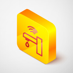 Poster - Isometric line Smart water tap system icon isolated on grey background. Internet of things concept with wireless connection. Yellow square button. Vector