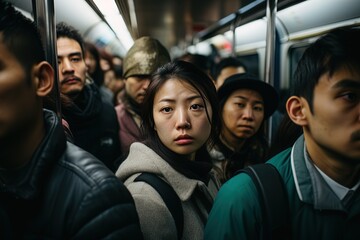 Sad tired Asian woman in a crowded subway train among a crowd of people