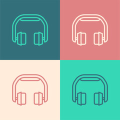 Poster - Pop art line Headphones icon isolated on color background. Earphones. Concept for listening to music, service, communication and operator. Vector