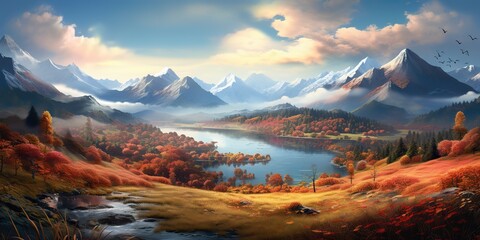 Wall Mural - AI Generated. AI Generative. Nature outdoor fall autumn landscape background with mountains and field forest. Graphic Art