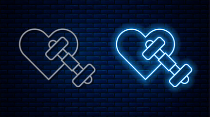 Wall Mural - Glowing neon line Dumbbell with heart icon isolated on brick wall background. Muscle lifting, fitness barbell, sports equipment. Vector